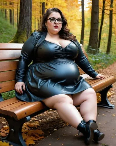  Photo realistic. Super realism. 25 years old, fat obese woman. Big belly. Cute. make up. large glasses. short latex dress. sitting on a bench. autumn, forest,plus-size model,gordita,plus-size,plus-si