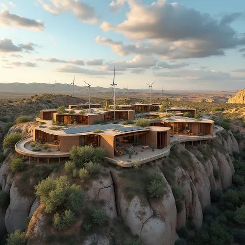 cappadocian,cappadocia,dunes house,amanresorts,futuristic architecture,arcosanti,earthship,indian canyons golf resort,cube stilt houses,futuristic landscape,monserrat,cubic house,floating island,3d rendering,floating islands,ecovillages,ecotopia,capadocia,hanging houses,penthouses,Photography,General,Realistic