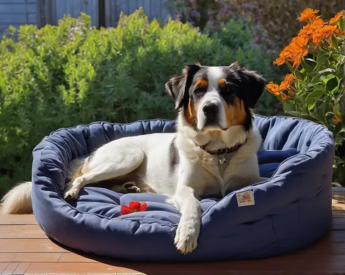 Imagine a peaceful afternoon nap in a sunlit dog bed.,dog bed,anatolian shepherd dog,australian collie,bean bag chair,sleeping pad,dug-out pool,st bernard outdoor,australian cattle dog,livestock guard