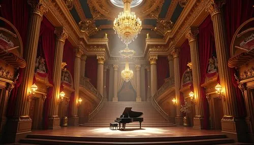 Baroque music venue, luxurious interior, ornate chandeliers, grand staircase, intricate carvings, aluminium accents, metallic sheen, modern twist on classical architecture, velvet curtains, golden fra