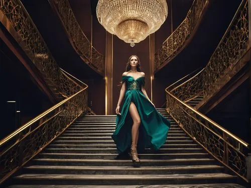 eveningwear,elegante,elegance,a floor-length dress,evening dress,elegant,girl on the stairs,fanciest,opulence,tahiliani,staircase,emerald,baccarat,hallway,art deco woman,art deco,grandeur,ball gown,girl in a long dress,opulent,Photography,Artistic Photography,Artistic Photography 14