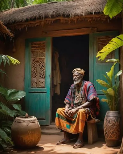 Ancient African architecture, mud huts, thatched roofs, intricate carvings, wooden doors, vibrant colorful patterns, traditional clothing, elderly wise man, sitting on a stool, surrounded by tribal ma