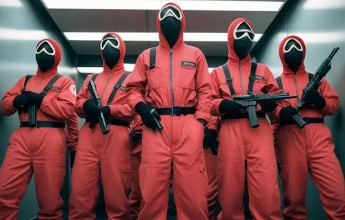 six men in red suits with guns standing next to each other,money heist,handmaids,laibin,laibach,jabbawockeez,hba