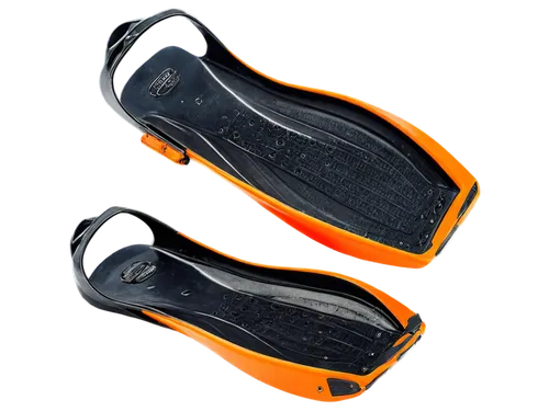 Flippers, underwater scene, shiny surface, rubber material, bright orange color, curved shape, worn-out edges, rusty metal buckle, detailed texture, reflective light, soft focus, 3/4 composition, shal