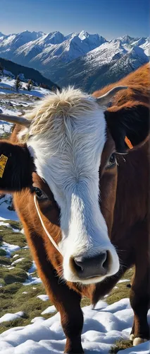 Write a heartwarming story about an alpine cow who finds love in the snowy mountains.,alpine cow,mountain cows,mountain cow,simmental cattle,allgäu brown cattle,red holstein,galloway cattle,bovine,two