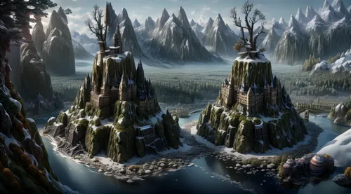 ice castle,imperial shores,elves flight,northrend,mountain settlement,mountainous landforms,snowy peaks,fantasy landscape,water castle,snow mountains,elven forest,castle of the corvin,ice landscape,snowy mountains,3d fantasy,futuristic landscape,ice planet,skyrim,terraforming,glacial landform