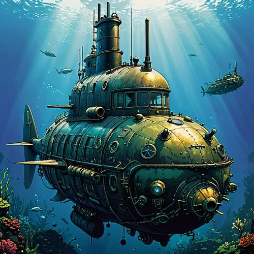 submersibles,submersible,bathyscaphe,marine tank,underwater playground,aquanauts,nautilus,undersea,bathysphere,diving bell,sealab,submarines,underwater background,aquarium,under sea,funjet,deep sea nautilus,sunken boat,sunken ship,deep sea,Illustration,Japanese style,Japanese Style 05