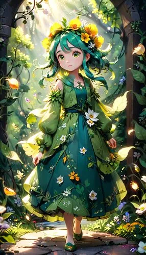 garden fairy,forest clover,flower fairy,fae,spring background,forest background,fairy forest,dryad,forest flower,acerola,flora,spring leaf background,springtime background,girl in flowers,child fairy,flower background,lilly of the valley,falling flowers,little girl fairy,emerald,Anime,Anime,Cartoon