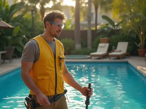 Maintenance worker, male, 30s, muscular build, messy hair, goggles, yellow vest, tool belt, holding a pool skimmer, standing near a Chukum Pool, blue water, pool tiles, surrounding tropical plants, pa