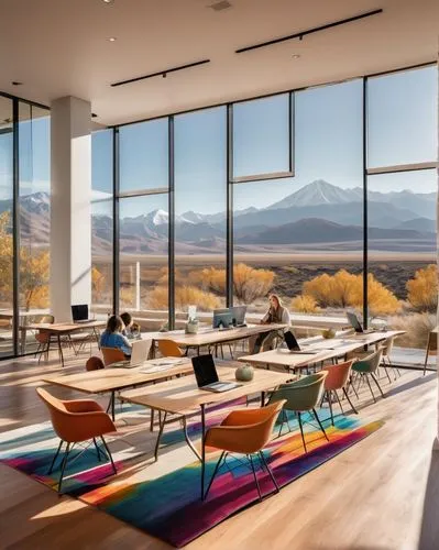 Modern interior design school, Utah, sleek minimalistic architecture, large glass windows, wooden floors, white walls, contemporary furniture, students sitting at tables with laptops and notebooks, co