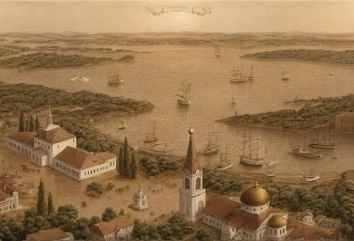 Panoramic view of the old town, embankment and river.
The trees are greenish-beige, the walls are light beige, the roofs are brown tiled, the radial domes on the roof are gilded, the area is paved wit