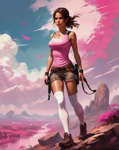 croft,girl with gun,huntress,sci fiction illustration,rosa ' amber cover,girl with a gun,lara,pink quill,female warrior,game art,pink background,swordswoman,game illustration,female runner,woman holding gun,desert rose,warrior woman,pink dawn,mountain guide,world digital painting,Conceptual Art,Fantasy,Fantasy 06