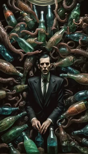 human in bottler surrounded by similar bootles,an art installation made out of bottles and bottles,lovecraft,gattaca,psychonauts,lovecraftian,eels,pta,Illustration,Realistic Fantasy,Realistic Fantasy 