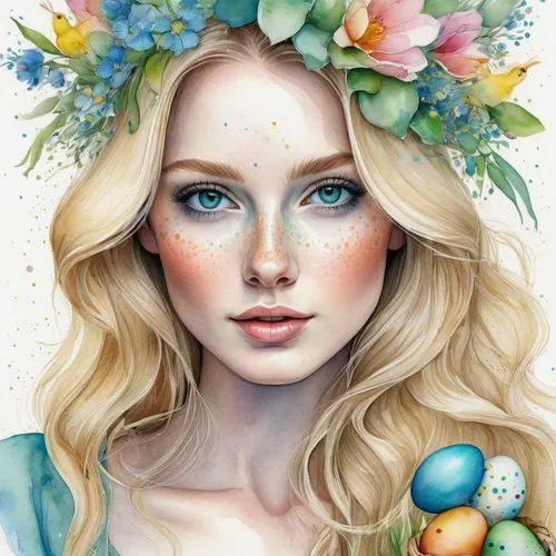 spring crown,blooming wreath,flower fairy,spring equinox,faerie,floral wreath,faery,jessamine,easter theme,watercolor wreath,girl in flowers,girl in a wreath,elven flower,wreath of flowers,easter-colors,flower crown,springtime background,garden fairy,virgo,painting easter egg,Illustration,Abstract Fantasy,Abstract Fantasy 01