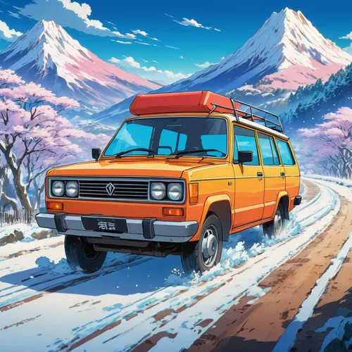 vanagon,nissan caravan,suzuki wagon r,mitsubishi delica,toyota hiace,van,toyota liteace,vwbus,isuzu trooper,toyota land cruiser,tata sumo,mitsubishi endeavor,volkswagen transporter t4,camper van,isuzu,travel van,land rover discovery,winter trip,mitsubishi pajero,campervan,Illustration,Japanese style,Japanese Style 03