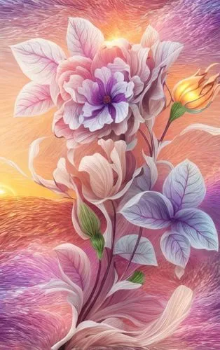 sunrise, add some sparkle animation,  a beautiful waterfall, purple color flower , brownish color of stem, greenish leaf,an artistic painting of flowers, and foliage,floral digital background,watercol