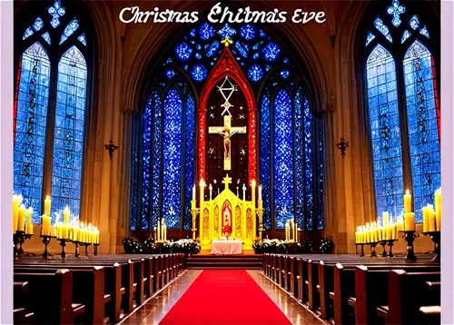 Christmas Eve, grand church, Gothic architecture, snowflakes falling, festive lights, red carpet leading to altar, golden crucifix, intricately decorated stained glass windows, candlelights, peaceful 