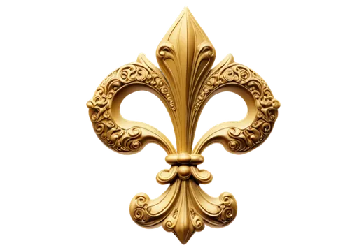 Fleur-de-lis symbol, golden, ornate, detailed patterns, symmetrical composition, white background, close-up shot, soft focus, warm lighting, intricate design, medieval style, luxurious feel, 3D render