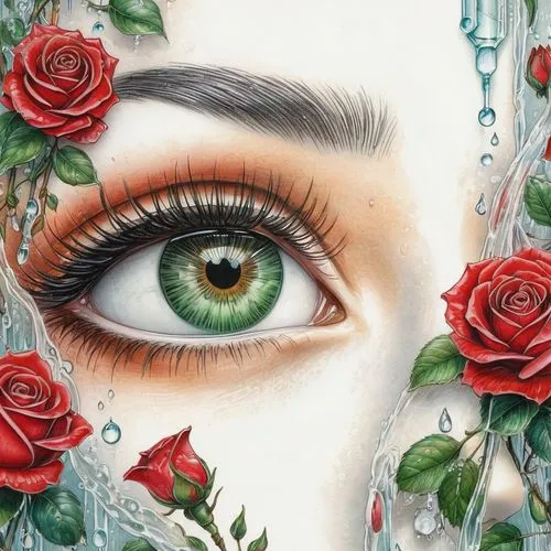 watercolor pencils,women's eyes,oil painting on canvas,water rose,glass painting,watercolor painting,spray roses,scent of roses,colored pencil,flower painting,angel's tears,oil painting,colored pencil background,art painting,dewdrop,raindrop rose,dew drop,eyedropper,colour pencils,way of the roses,Conceptual Art,Daily,Daily 17