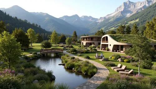 alpine village,house in the mountains,house in mountains,3d rendering,mountain settlement,golf resort,lefay,south tyrol,rivendell,chalet,mountain village,courchevel,oberland,alpine landscape,alpine region,render,tyrol,ecovillages,home landscape,landscaped