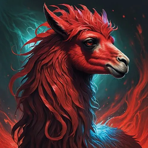 llama,fire horse,llamas,lama,goatflower,vicuña,flame spirit,fawkes,bazlama,the zodiac sign taurus,red chief,zodiac sign leo,trioceros,fantasy portrait,capricorn,alpaca,taurus,portrait animal horse,lokportrait,devil,Conceptual Art,Fantasy,Fantasy 17