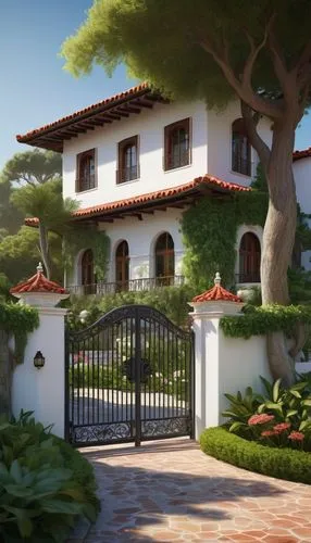 Modern villa, luxurious residential, Mediterranean style, white walls, large windows, wooden shutters, red-tiled roof, sprawling garden, lush greenery, flower beds, tall trees, winding driveway, ornat