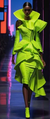 Architectural dress, avant-garde, futuristic, 3D printed, metallic fabric, neon lights, LED embroidery, reflective surface, asymmetrical silhouette, layered skirt, ruffled details, structured bodice, 