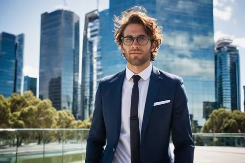 Deakin University Master of Architecture Design Management, male architect, 30s, glasses, messy brown hair, beard, white shirt, black tie, dark blue suit, holding a model, standing in front of a large