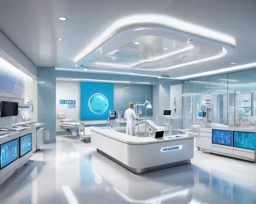 Modern hospital, futuristic interior design, sleek glass walls, steel beams, white marble floors, minimalist furniture, digital displays, medical equipment, hospital beds, IV poles, doctor in white co