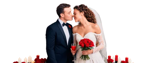 Couple, embracing, kissing, romantic, gentle smile, soft focus, dreamy eyes, curly brown hair, white wedding dress, black tuxedo, red roses, champagne, candles, warm lighting, intimate atmosphere, sha