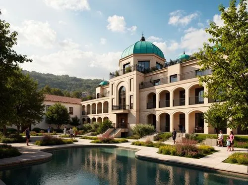 Majestic high school building, Byzantine style architecture, ornate stone carvings, grand arches, vibrant turquoise domes, lush green courtyard, blooming flowers, tranquil water features, meandering w