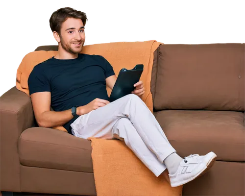 relaxed young adult, casual atmosphere, sitting on couch, soft cushions, reclining posture, one leg bent, hand holding remote control, messy brown hair, light beard, plain white t-shirt, sweatpants, s