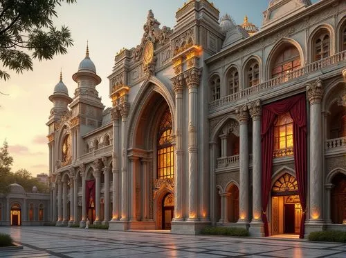 Byzantine style towers, innovative facade design, ornate stone carvings, golden domes, intricate arches, patterned marble walls, stained glass windows, grand entrance doors, majestic pillars, detailed