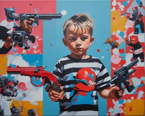 A mischievous child points gun fingers at unsuspecting toys.,children of war,graffiti art,cool pop art,spray cans,water gun,plastic arts,girl with gun,aerosol,girl with a gun,spraying,child art,modern