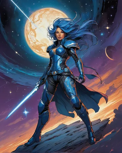 blue enchantress,violinist violinist of the moon,symetra,cg artwork,nova,andromeda,female warrior,zodiac sign libra,luna,sterntaler,swordswoman,nebula guardian,wind warrior,winterblueher,sci fiction illustration,show off aurora,heroic fantasy,aurora,azure,fantasy woman,Conceptual Art,Fantasy,Fantasy 08