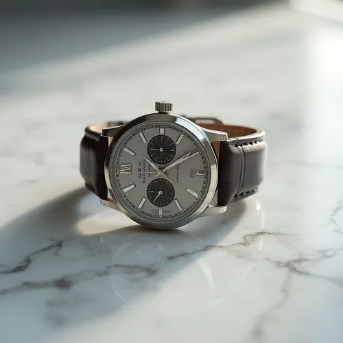 A 4K ultra-detailed, high-resolution indoor studio shot of an elegant wristwatch lying flat on a luxurious white marble surface with subtle veins. Captured using a Canon EOS 5D Mark IV with a 50mm f/1