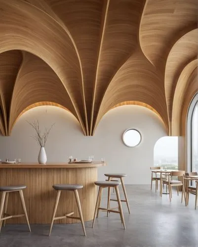 interior design,a wooden bar is surrounded by a lot of chairs,wooden beams,vaulted ceiling,plywood,wooden roof,associati,heatherwick,concrete ceiling,woodfill,bentwood,archidaily,patterned wood decora