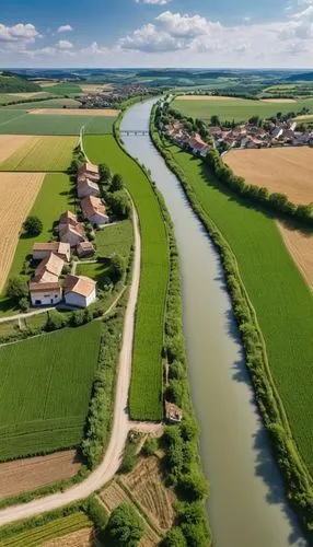 Scenery of a rural medieval town back from a natural passage and with a river alongside. But also having a dirt road and a small agricultural field of wheat.,nederrijn,hinterrhein,malopolska breakthro