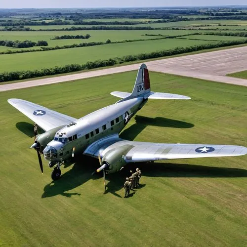 A wide angle deep view shot of an airstrip in England, where a gorgeos 29 years old blonde female USAAF transport pilot is watching form a control tower in 100 m distance, how a group of U.S. paratroo