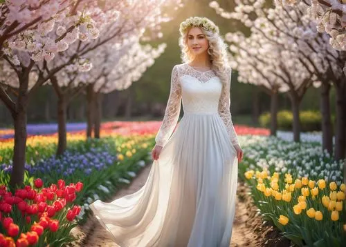 spring background,springtime background,sun bride,bridal gown,wedding gown,bridal dress,wedding dress,wedding dresses,blonde in wedding dress,galadriel,girl in flowers,beautiful girl with flowers,flower background,white lilac,splendor of flowers,spring equinox,walking in a spring,celtic woman,bridal,daffodils,Illustration,Paper based,Paper Based 02