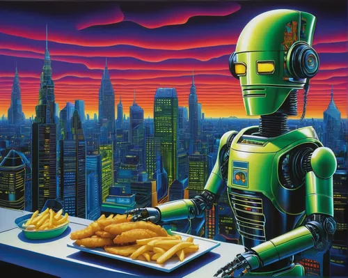 robots,cyberpunk,cybernetics,robotic,microchips,deep fryer,robot icon,robot,diner,robot in space,artificial intelligence,futuristic landscape,automation,science fiction,robotics,chef,city in flames,cyberspace,romantic dinner,science-fiction,Conceptual Art,Daily,Daily 19