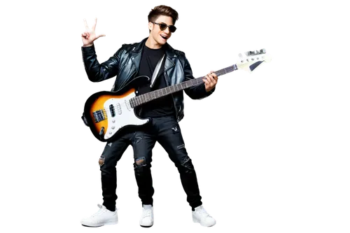 Young DJ, male, energetic, trendy hairstyle, cool glasses, black leather jacket, ripped jeans, white sneakers, holding bass guitar, dynamic pose, nightclub background, flashing lights, loudspeaker, mu