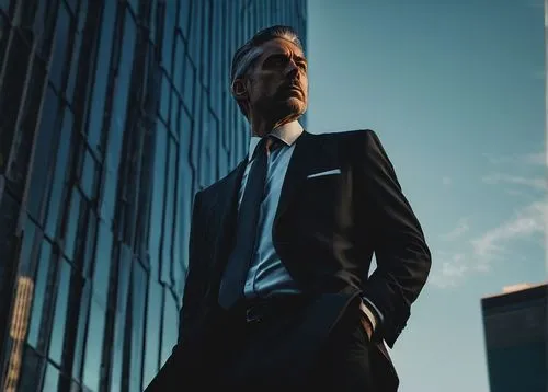 Modern skyscraper, cityscape, businessman, mature man, suit, tie, briefcase, confident posture, hands in pocket, standing, backlight, dramatic shadow, bold lines, metallic material, glass windows, ste