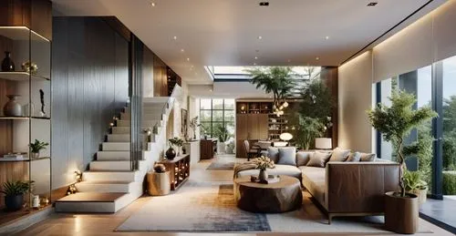 home interior, living room, exquisite, luxurious, unique, modern architecture, white steel stairs, white steps with lights, walnut shoe shelves, many decorative items on the shelves, Beautiful, sophis