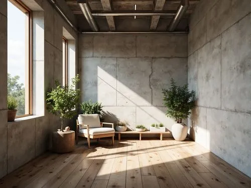 sunroom,concrete ceiling,wooden windows,wooden beams,daylighting,loft,wooden floor,exposed concrete,wood window,wooden wall,interiors,hallway space,living room,danish room,limewood,interior design,wood floor,livingroom,associati,sitting room