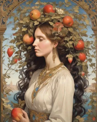 woman eating apple,girl picking apples,girl in a wreath,persephone,arcimboldi,basket of apples,Digital Art,Impressionism