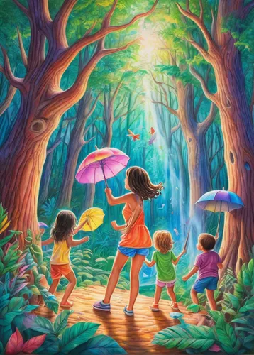 happy children playing in the forest,children's background,oil painting on canvas,kids illustration,walk with the children,fairy forest,walking in the rain,little girl with umbrella,children drawing,umbrellas,children's fairy tale,fairy world,oil painting,children playing,little girls walking,art painting,summer umbrella,children play,in the rain,oil on canvas,Conceptual Art,Daily,Daily 17