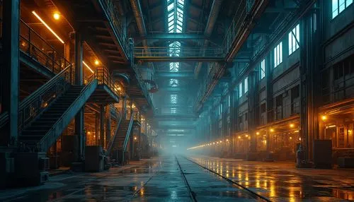 bladerunner,alleyway,industrial hall,alley,industrial,industrial landscape,alleyways,metropolis,warehouses,industrial ruin,empty factory,industrija,refinery,warehouse,fabrik,theed,passage,urban,dystopian,industrial area,Photography,General,Realistic