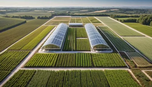 Modern ag architecture, futuristic farm, sleek metal frames, transparent glass walls, automatic irrigation system, lush green crops, rows of hydroponic planters, robotic farming equipment, aerial dron