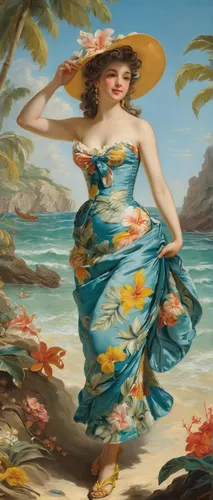girl in a long dress,beach landscape,beach background,woman with ice-cream,flora,luau,the sea maid,girl in flowers,sea beach-marigold,french digital background,bougereau,hula,tropical floral background,aloha,vintage art,lilian gish - female,sea landscape,woman holding pie,retro woman,blue hawaii,Art,Classical Oil Painting,Classical Oil Painting 36
